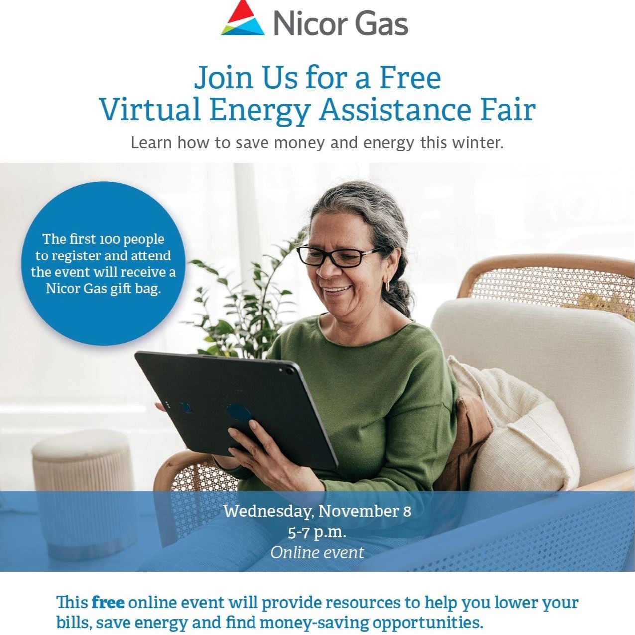 Flier advertising free virtual online event hosted by Nicor Gas on Wednesday, November 8 from 5-7 p.