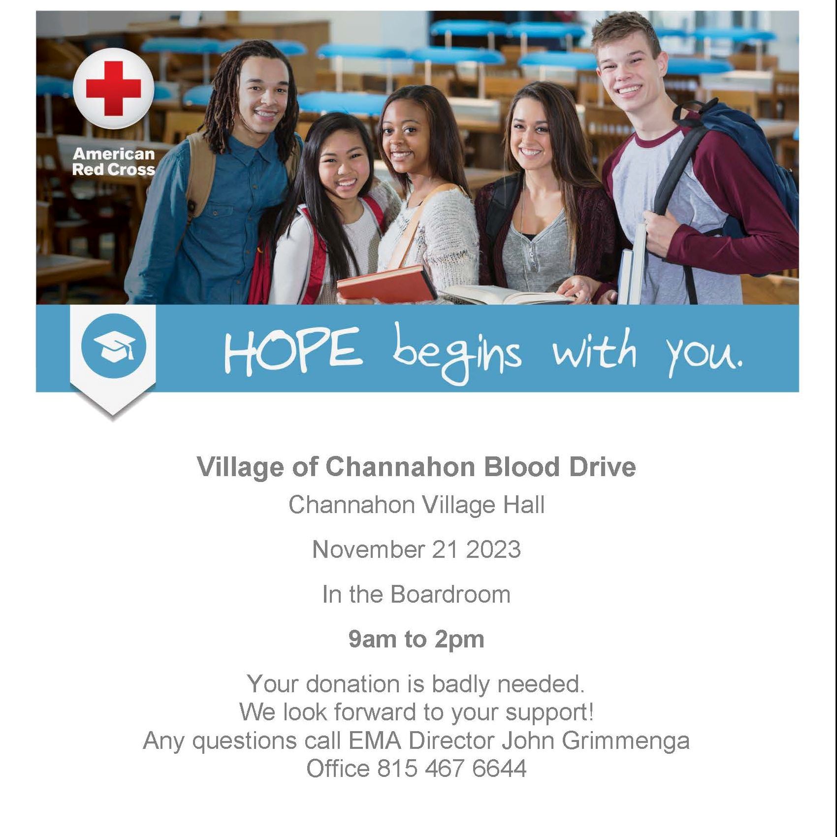 Poster advertising blood drive being held at Village Hall on 11/21/23 from 9A-2P.
