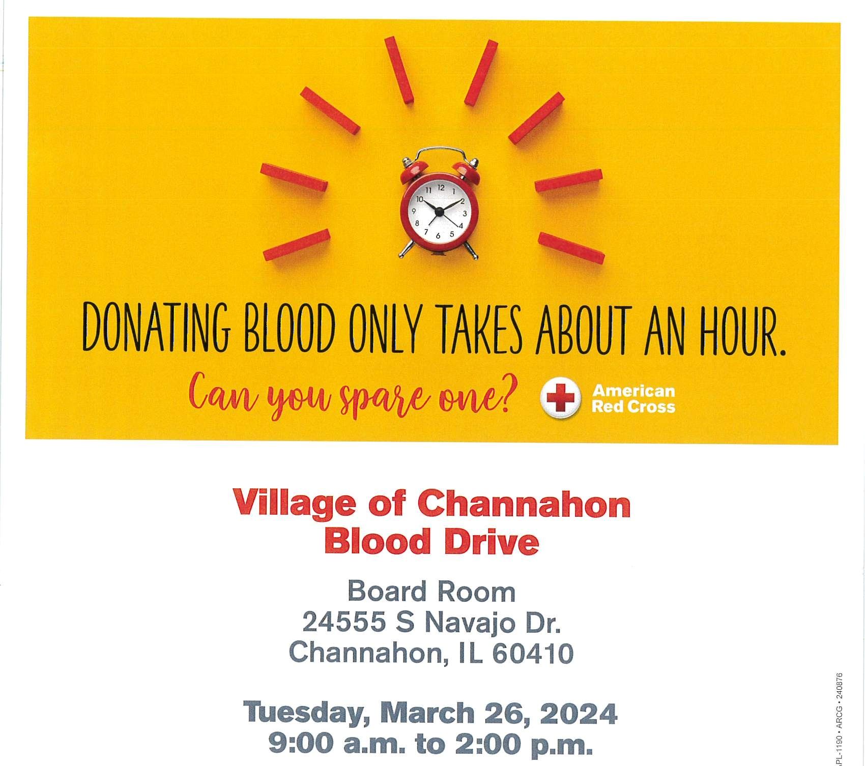 American Red Cross flyer advertising blood drive at Village Hall on 3/26/24 from 9A-2P.