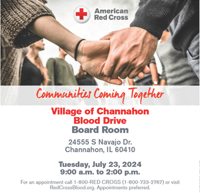 Graphic advertising blood drive at Village Hall on 07.23.24