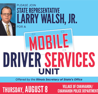 Flier advertising Rep. Walsh Mobile Secretary of State event on 8/8/24 at Village Hall.