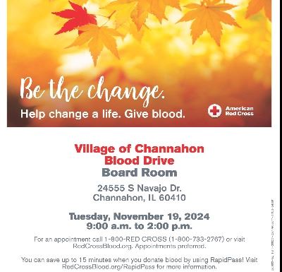 Flyer advertising blood drive at Village Hall on 11/19/2024