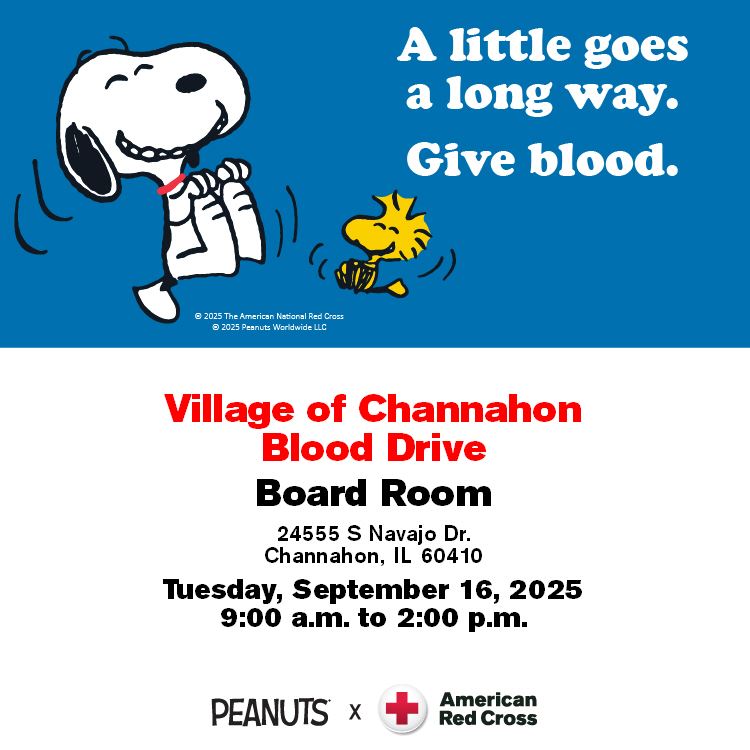 Village to host blood drive at Village Hall on 9/16/25 from 9A - 2P.