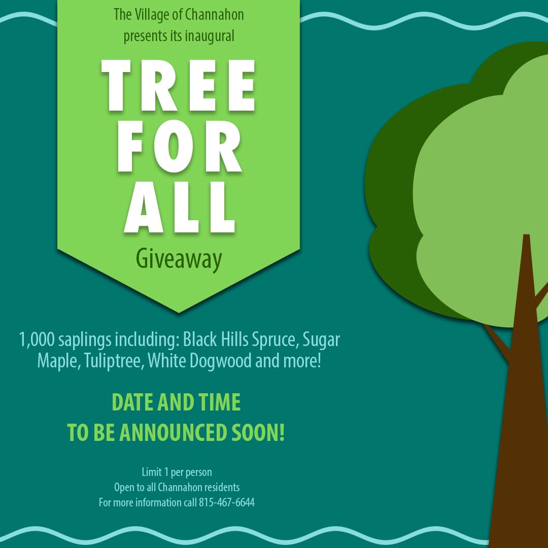 Graphic providing details about the Village's Tree for All tree sapling giveaway