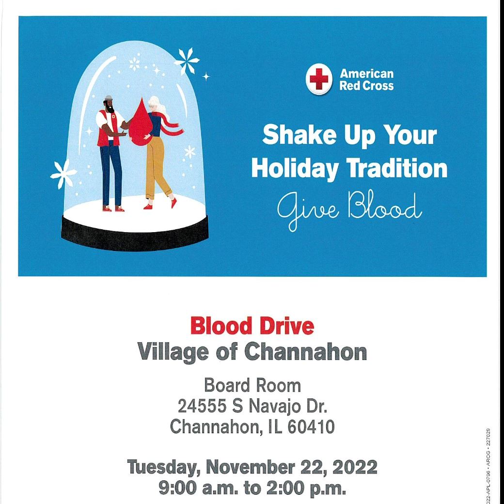 Flyer promoting a blood drive at Village Hall on 11/22/22.