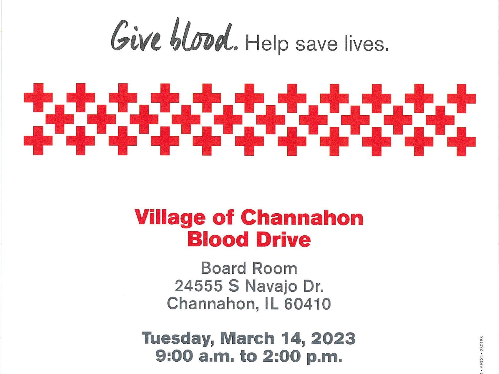 Flyer advertising blood drive at Village Hall on March 13, 2023