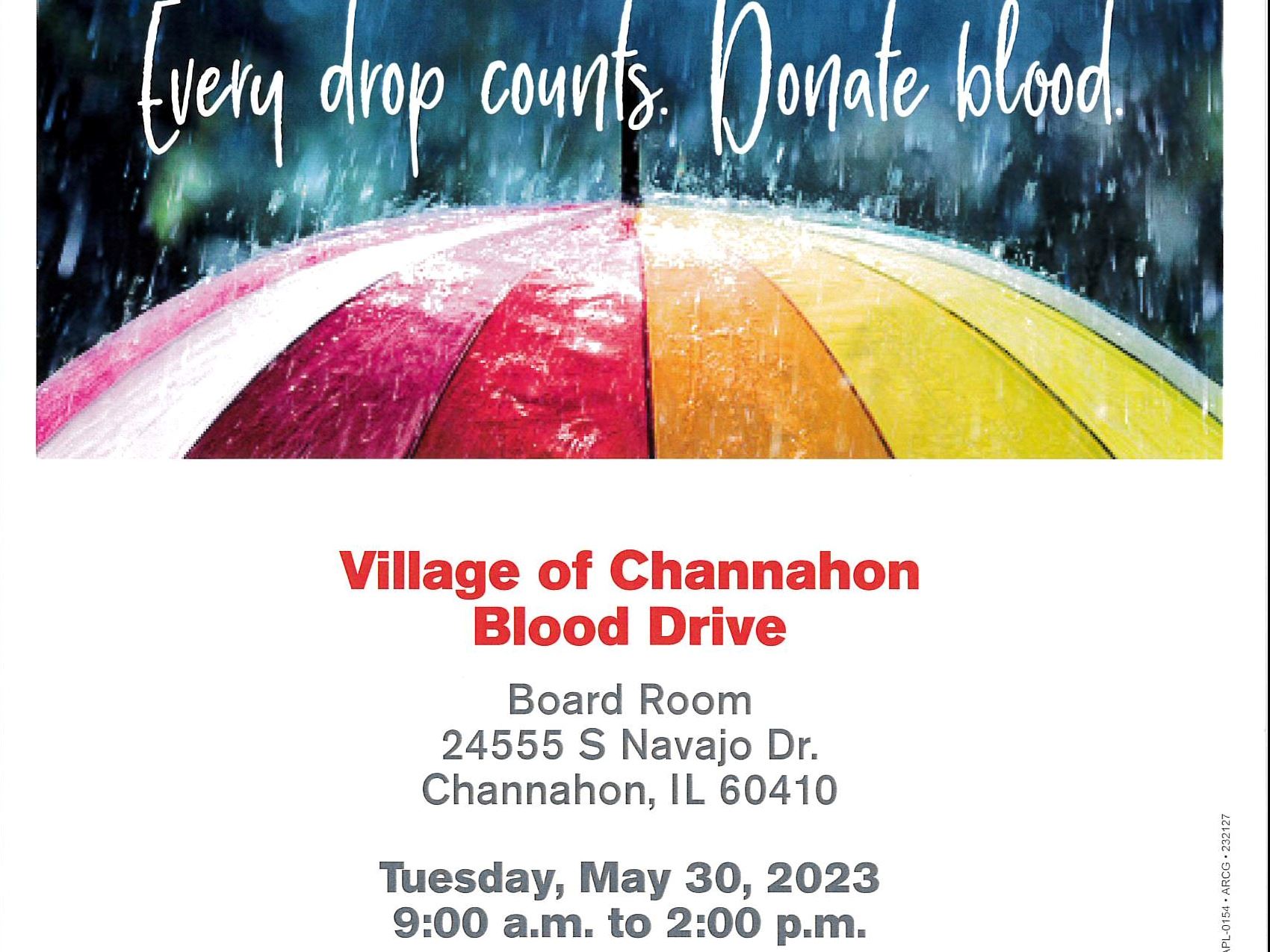Flyer advertising blood drive at Village Hall on May 30, 2023