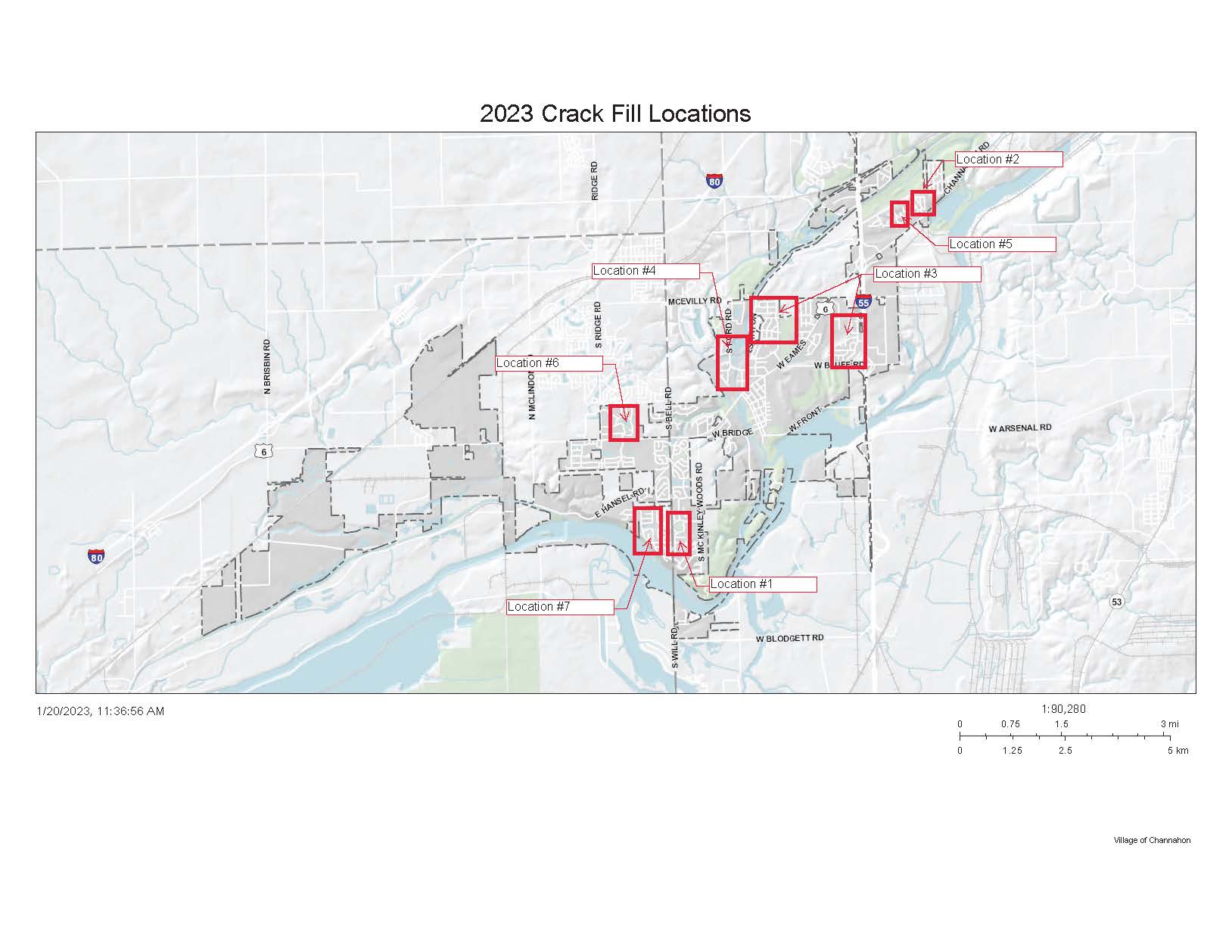 Map detailing locations of 2023 Crack Fill project in the Village of Channahon.
