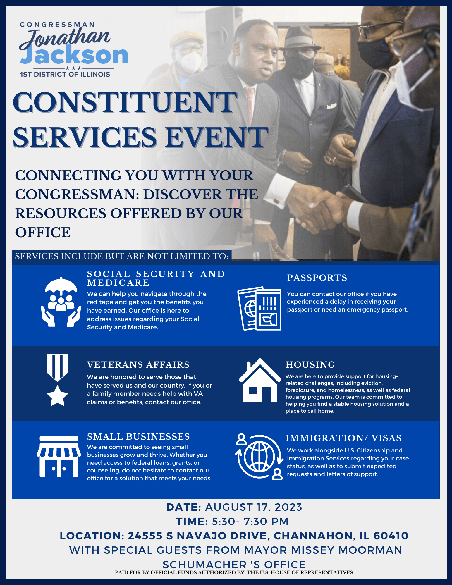Flyer advertising event at Village Hall with Congressman Jackson