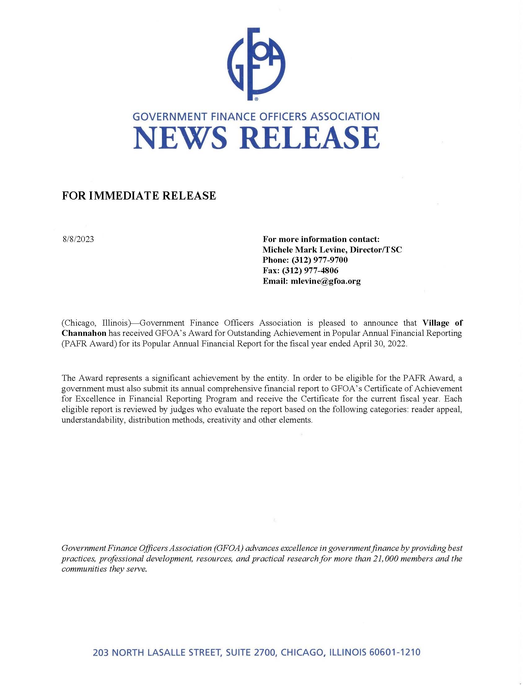 Image of the press release announcing the Village's receipt of the 2022 PAFR award