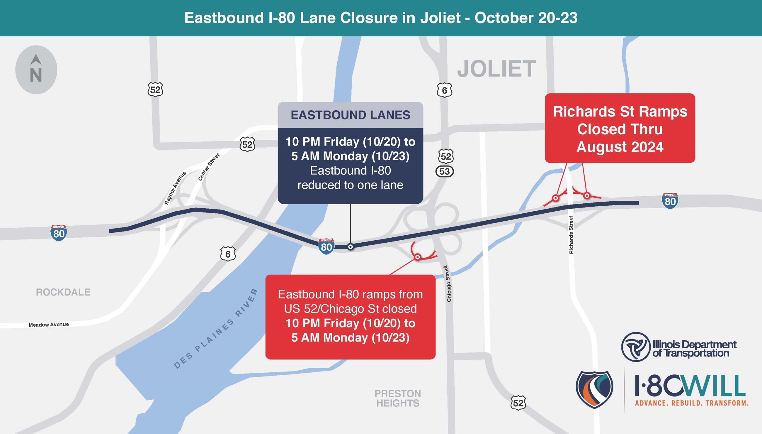 Map depicting the full scale of lane closures for I-80 in Joliet from 10/20/23 through 10/23/23.