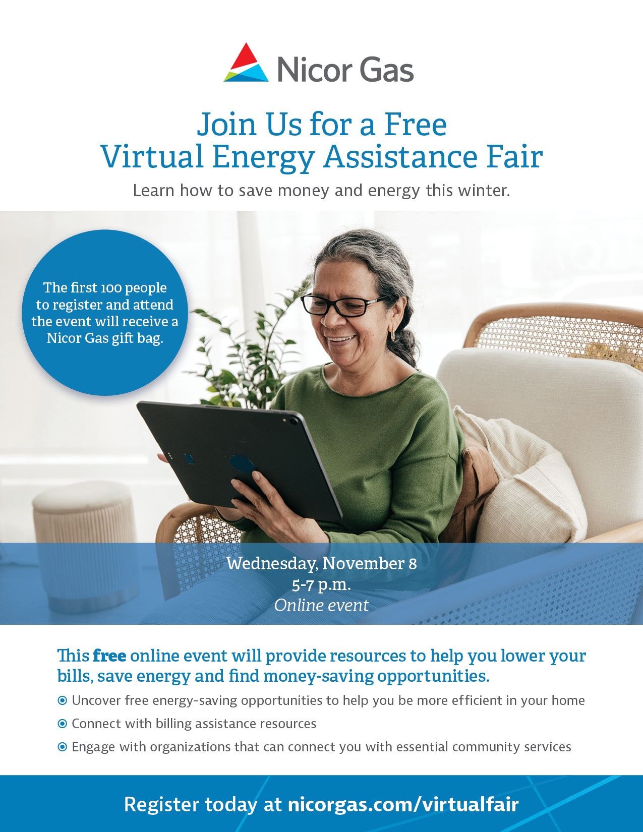 Flier advertising free virtual online event hosted by Nicor Gas on Wednesday, November 8 from 5-7 p.