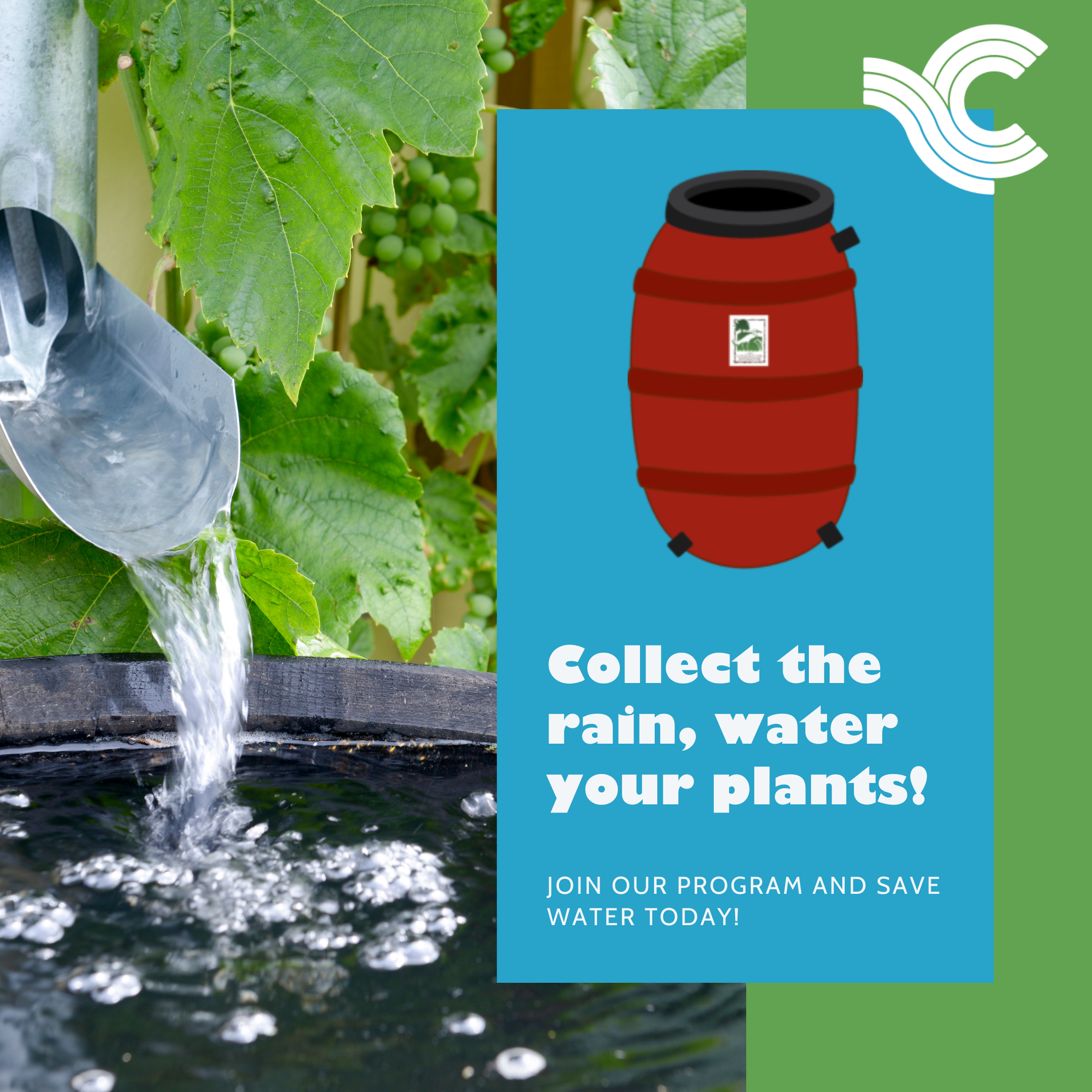 Image of red rain barrel and text advertising the Village's 2026 rain barrel program.