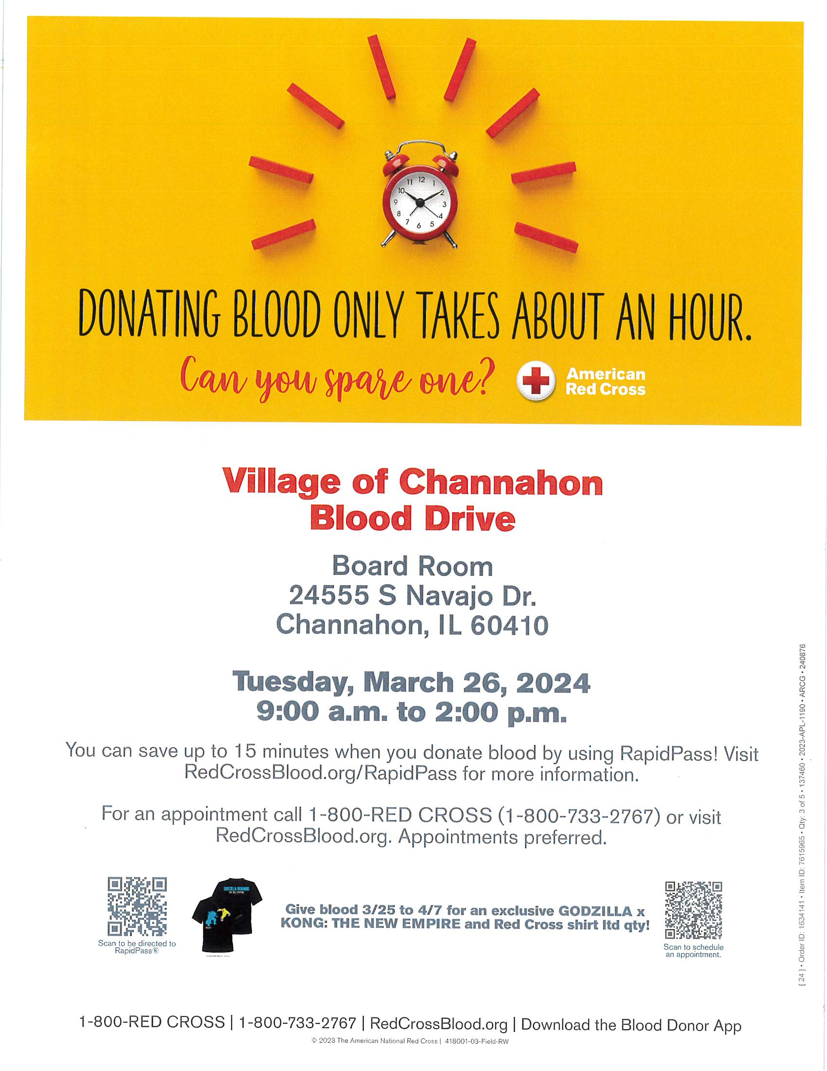 American Red Cross flyer advertising blood drive at Village Hall on 3/26/24 from 9A-2P.