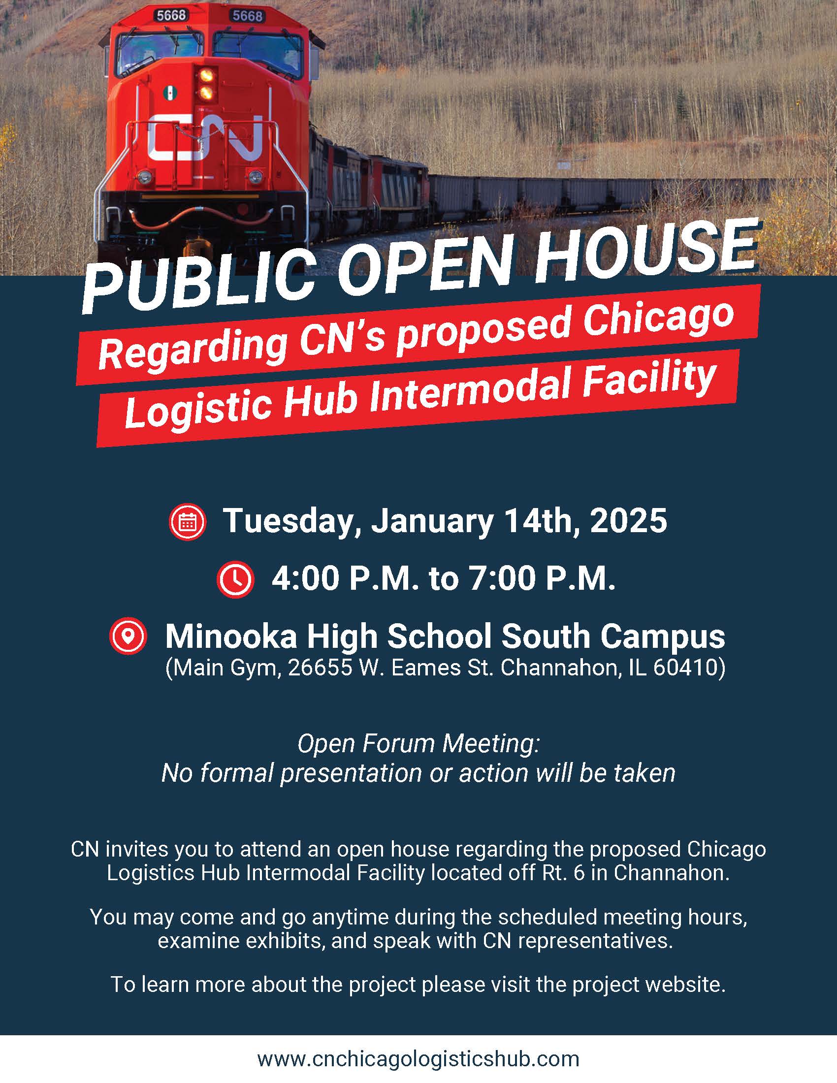 Flyer for Canadian National Railroad public open house on January 14, 2025 from 4-7 p.m.