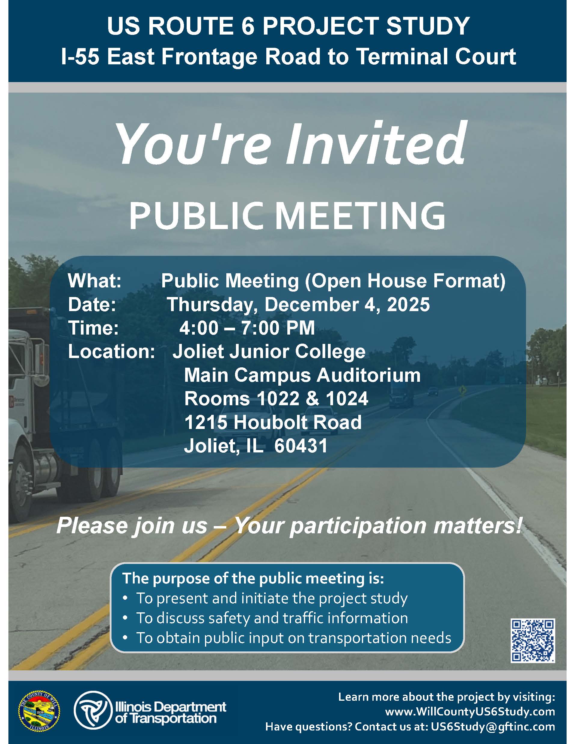 Flyer advertising open house public meeting for US Route 6 project study on 12/4/2025.