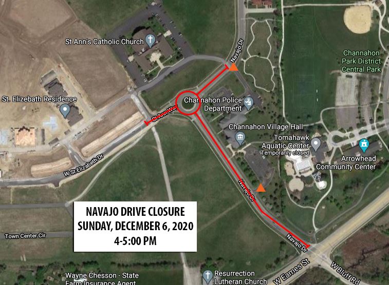 Map of Navajo Drive in Channahon showing temporary road closure area