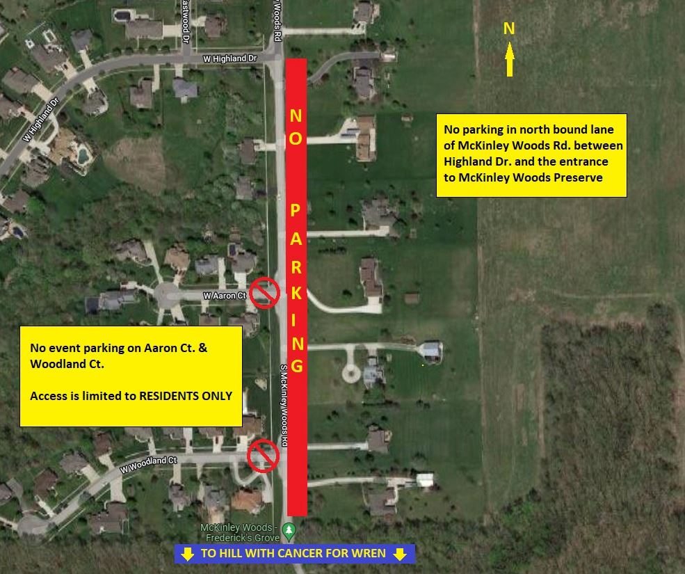 Map depicting parking restrictions on McKinley Woods Road on 5/7/22