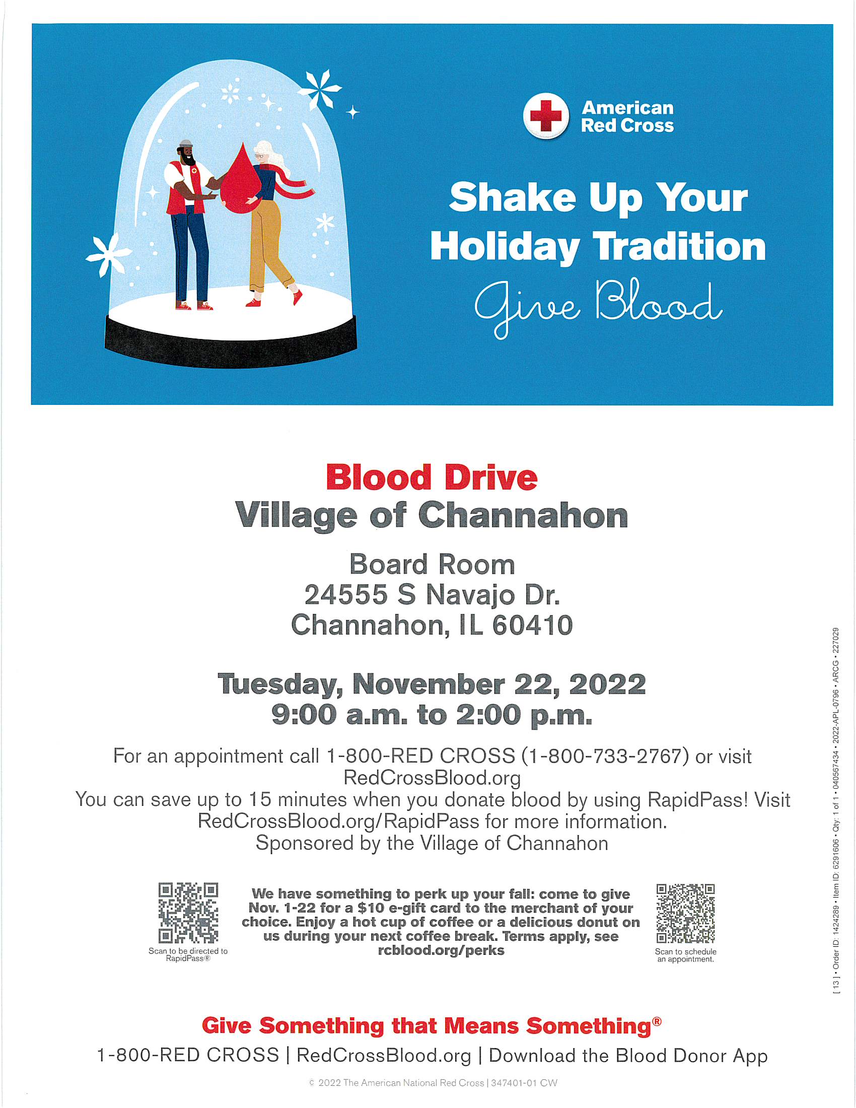 Flyer promoting a blood drive at Village Hall on 11/22/22.
