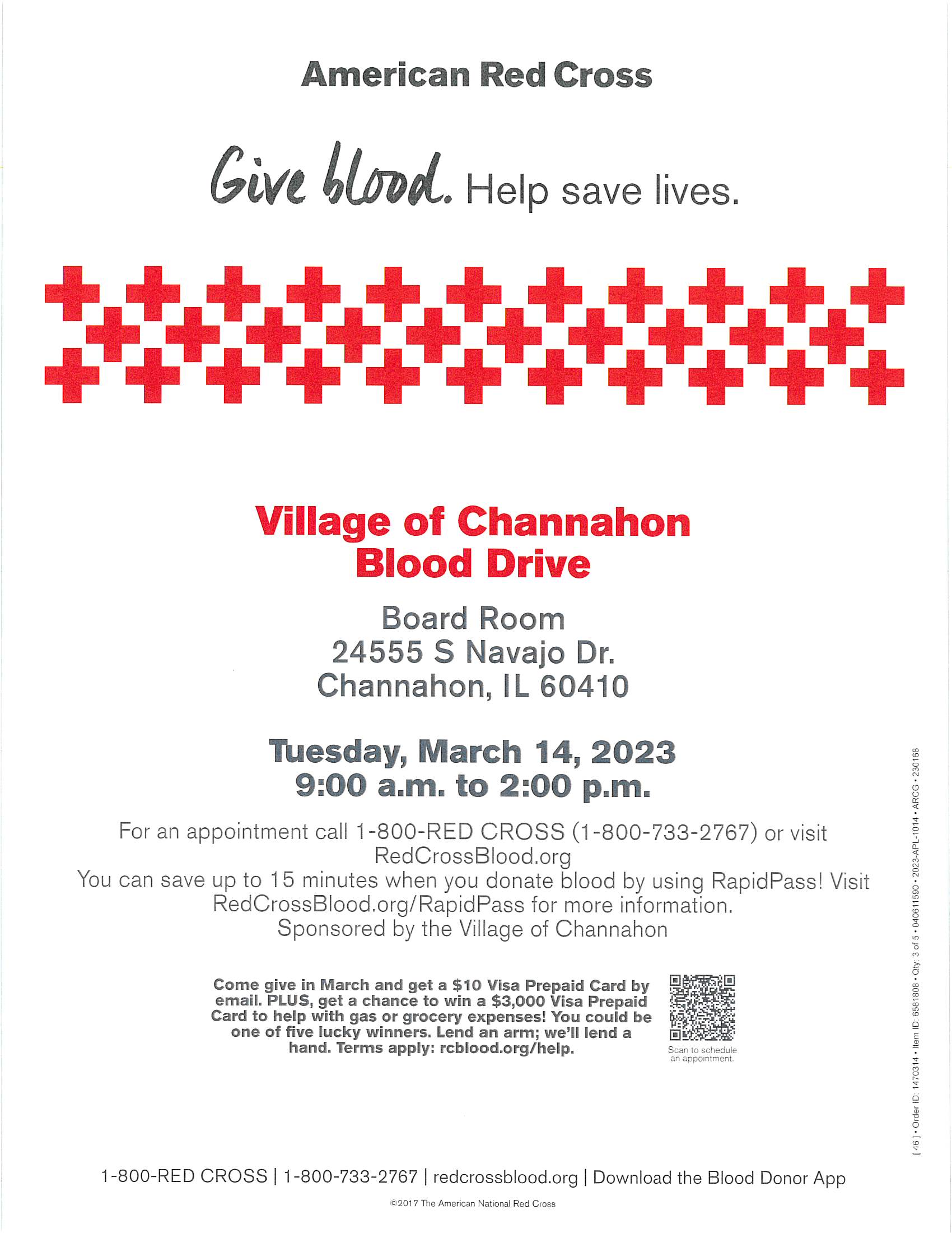 Flyer advertising blood drive at Village Hall on March 13, 2023