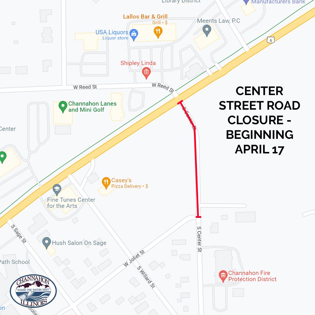 Graphic depicting closure of S. Center Street beginning April 17, 2023