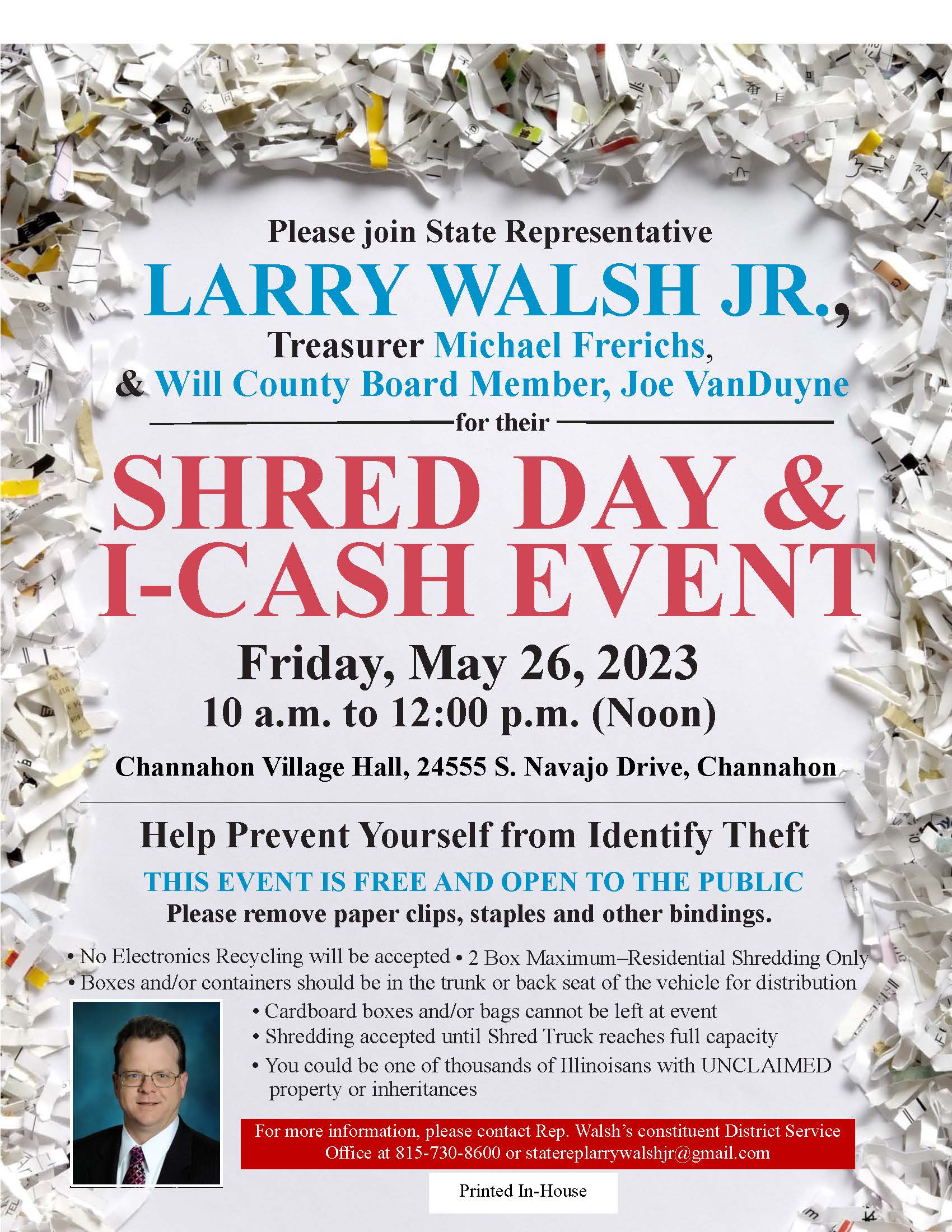 Flyer with information on Shred Day and I-Cash event at Village Hall on Friday, May 26, 2023.