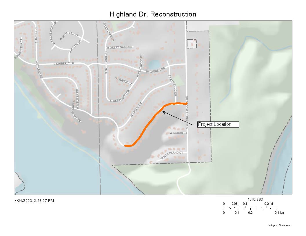 Map depicting Highland Drive roadway reconstruction area for April-May 2023.