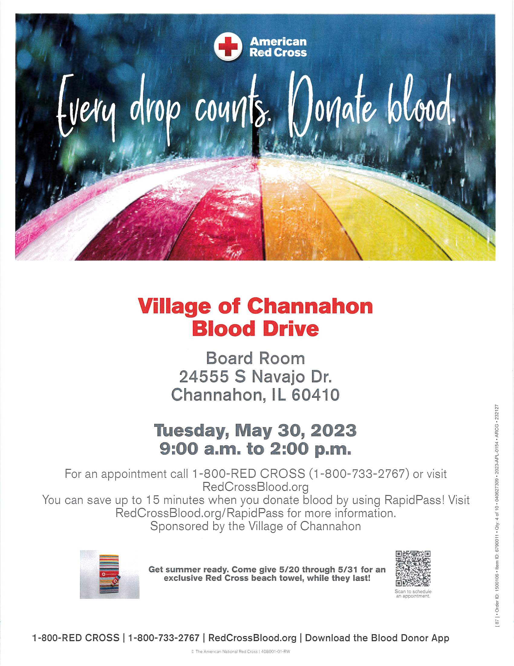 Flyer advertising blood drive at Village Hall on May 30, 2023